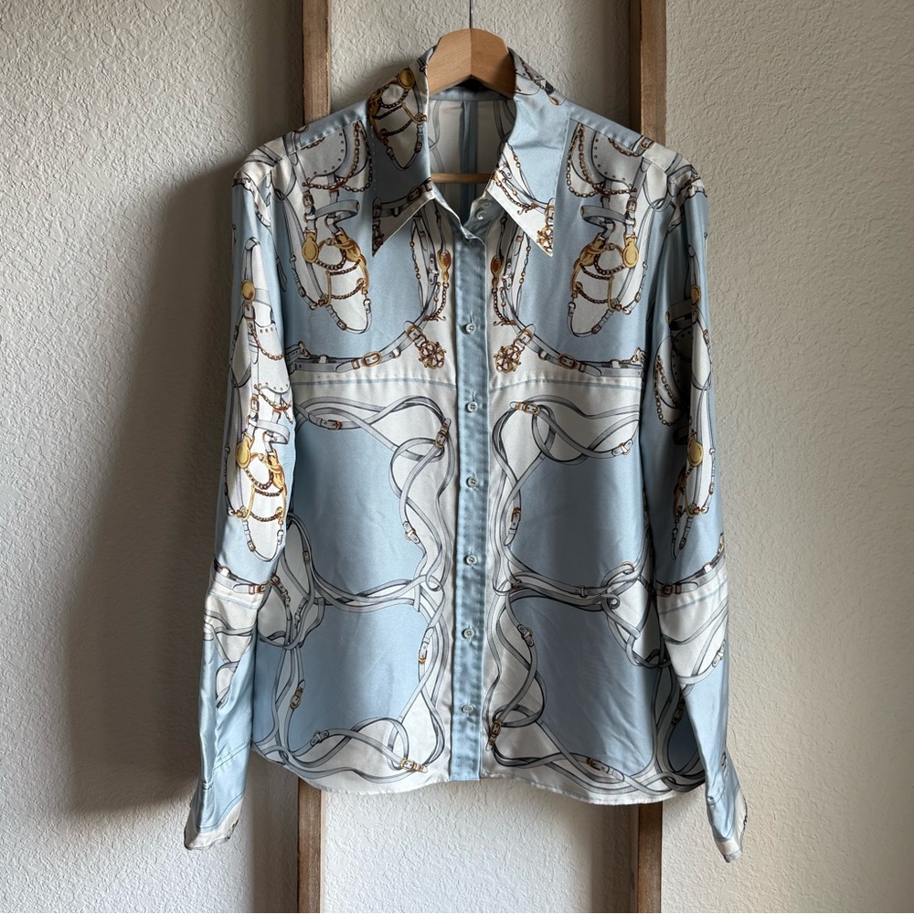 Strenesse powder blue chain link silk blouse NWT